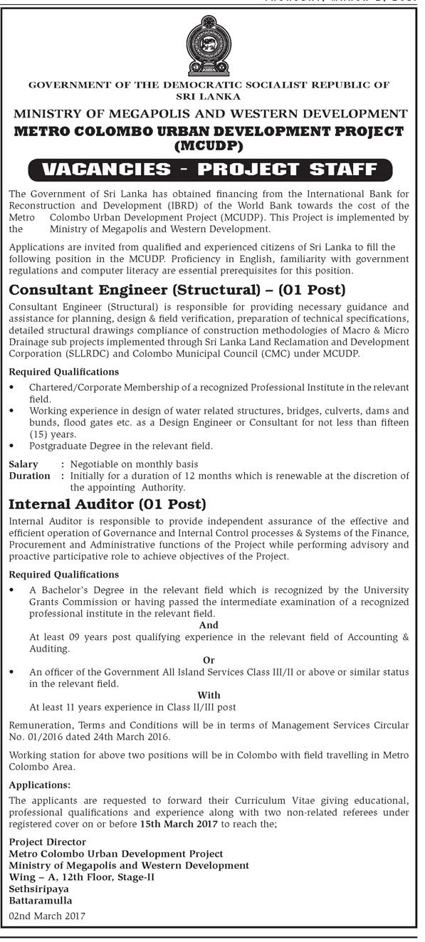 Consultant Engineer (Structural), Internal Auditor - Ministry of Megapolis & Western Development